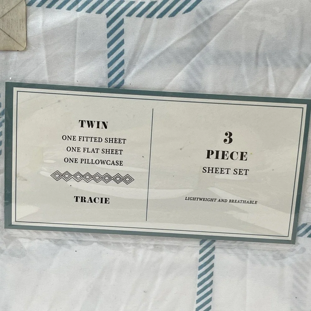 Tracie Twin Sheet Set 3 Piece White Aqua Blue Geometric Pattern New In Package